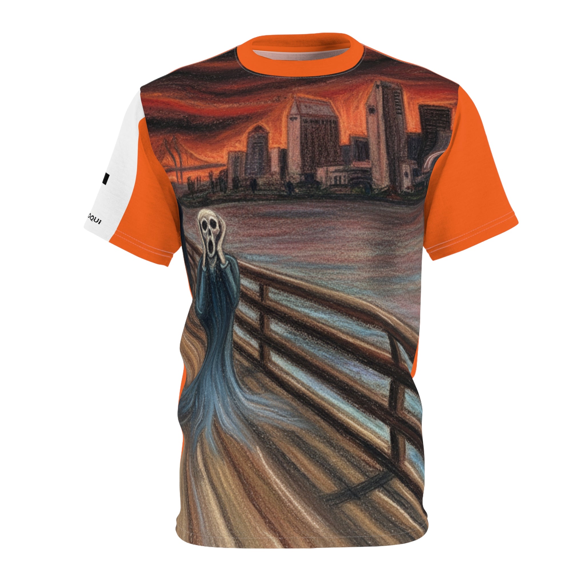 Sunset Pier Cityscape Tee — Moody Waterfront Art T-Shirt