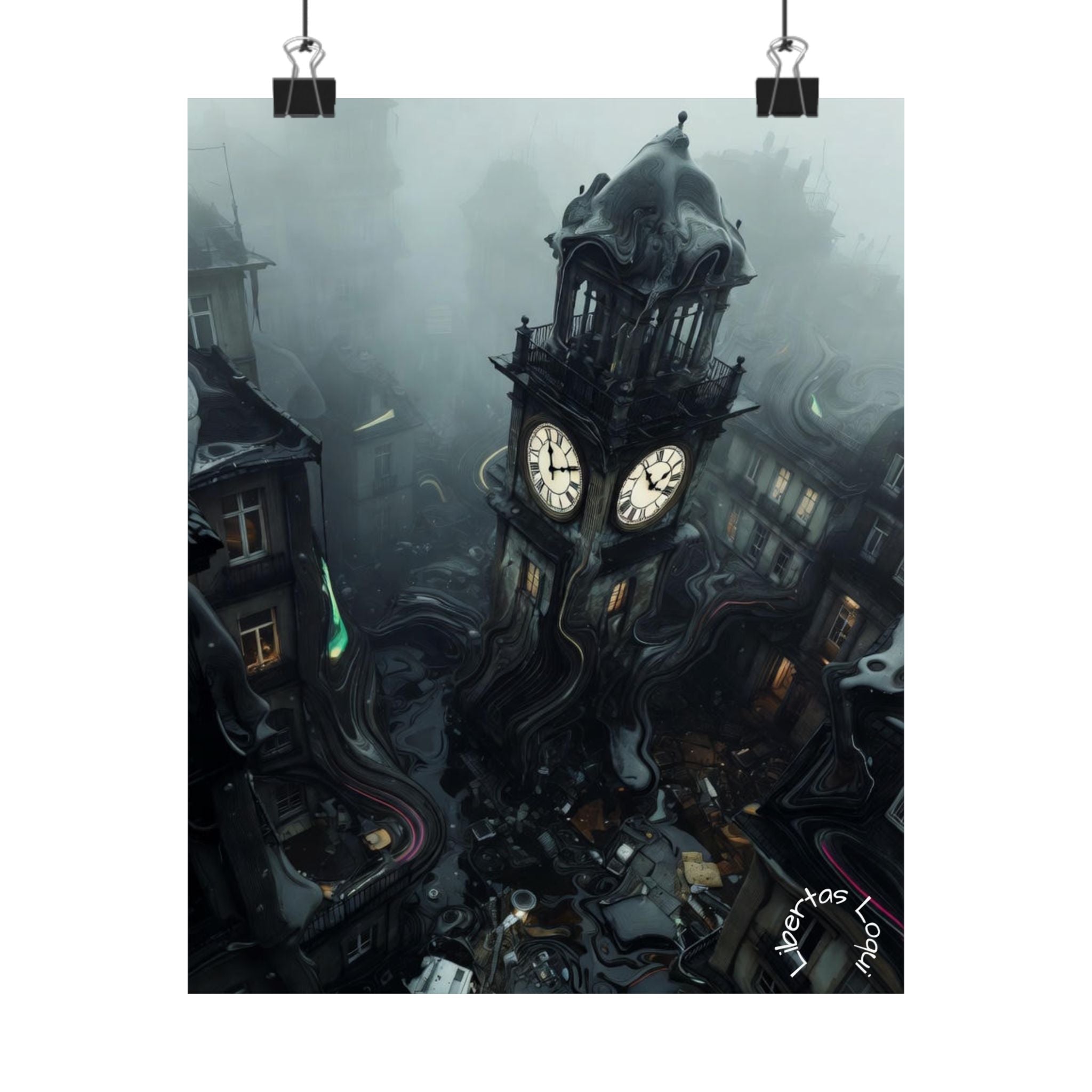 Gothic Clock Tower Matte Vertical Poster — Trippy Shifting Reality Art Print
