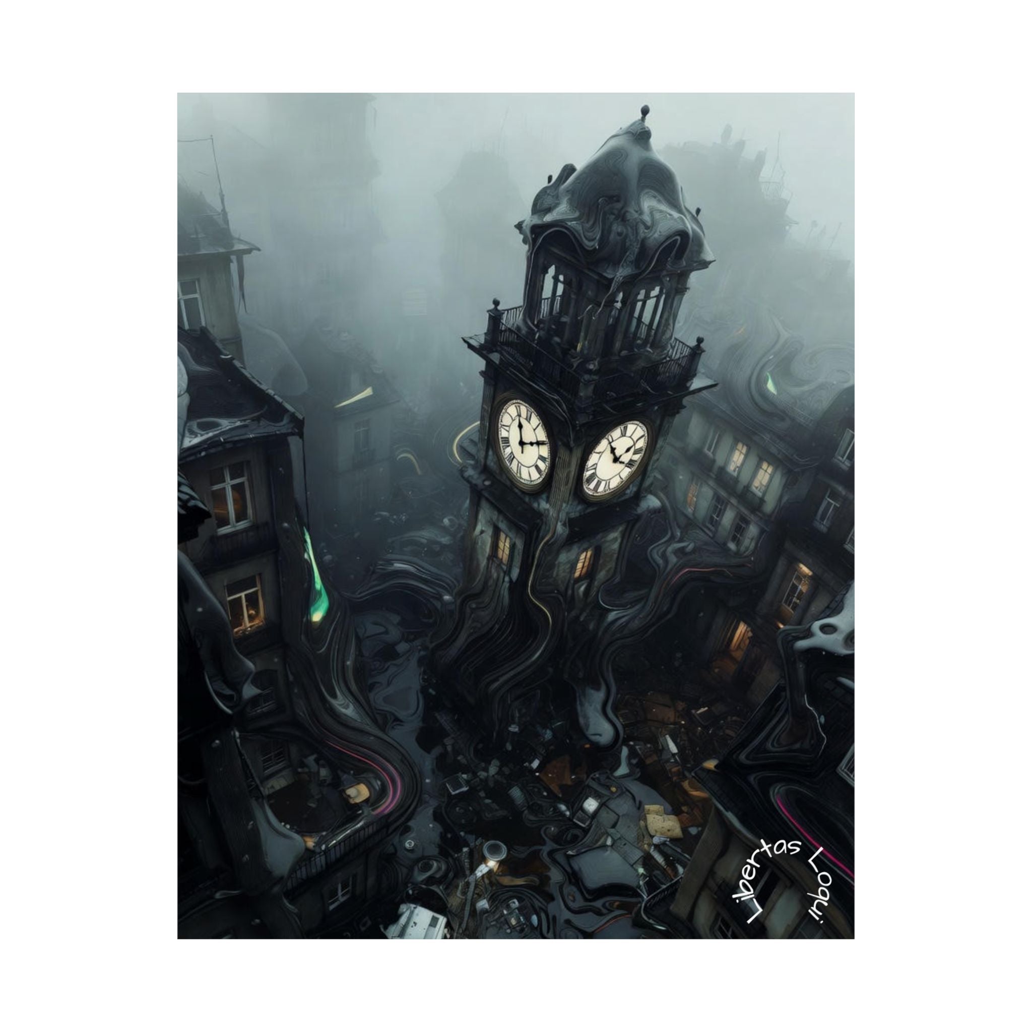 Gothic Clock Tower Matte Vertical Poster — Trippy Shifting Reality Art Print