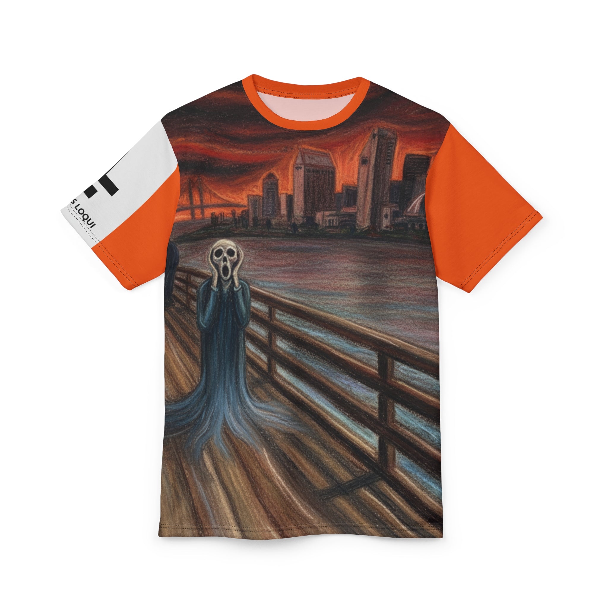 Sunset Pier Cityscape Tee — Moody Waterfront Art T-Shirt