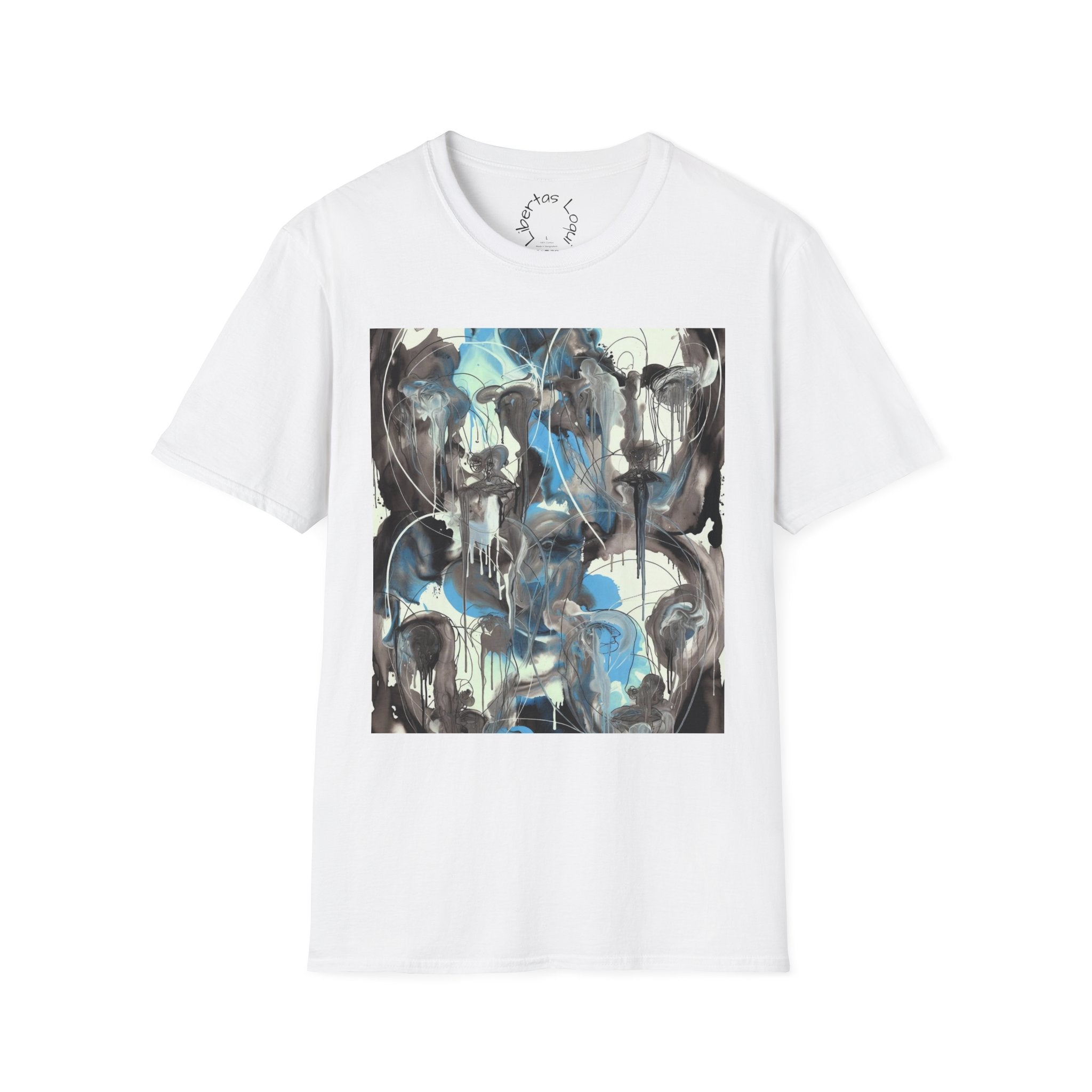 Abstract Blue & Gray Art Tee — 'Libertas Logui' Back-Print T-Shirt