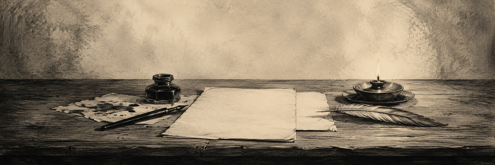 Etched sepia plate: a writing desk with inkwell, dip pen, blank sheet of paper, lit candle, and a quill.