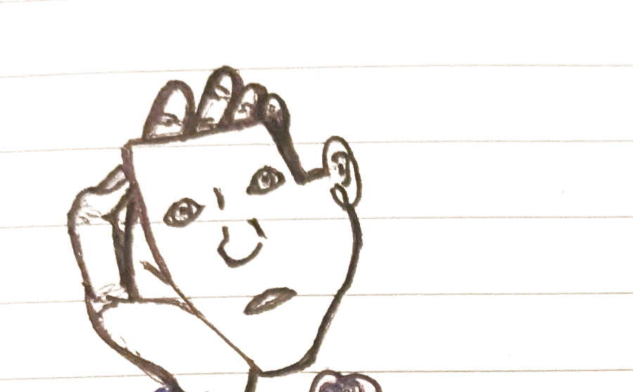 W.O.A.M. — the artist's head, an isolated sketch-line cutout, floating under the masthead.